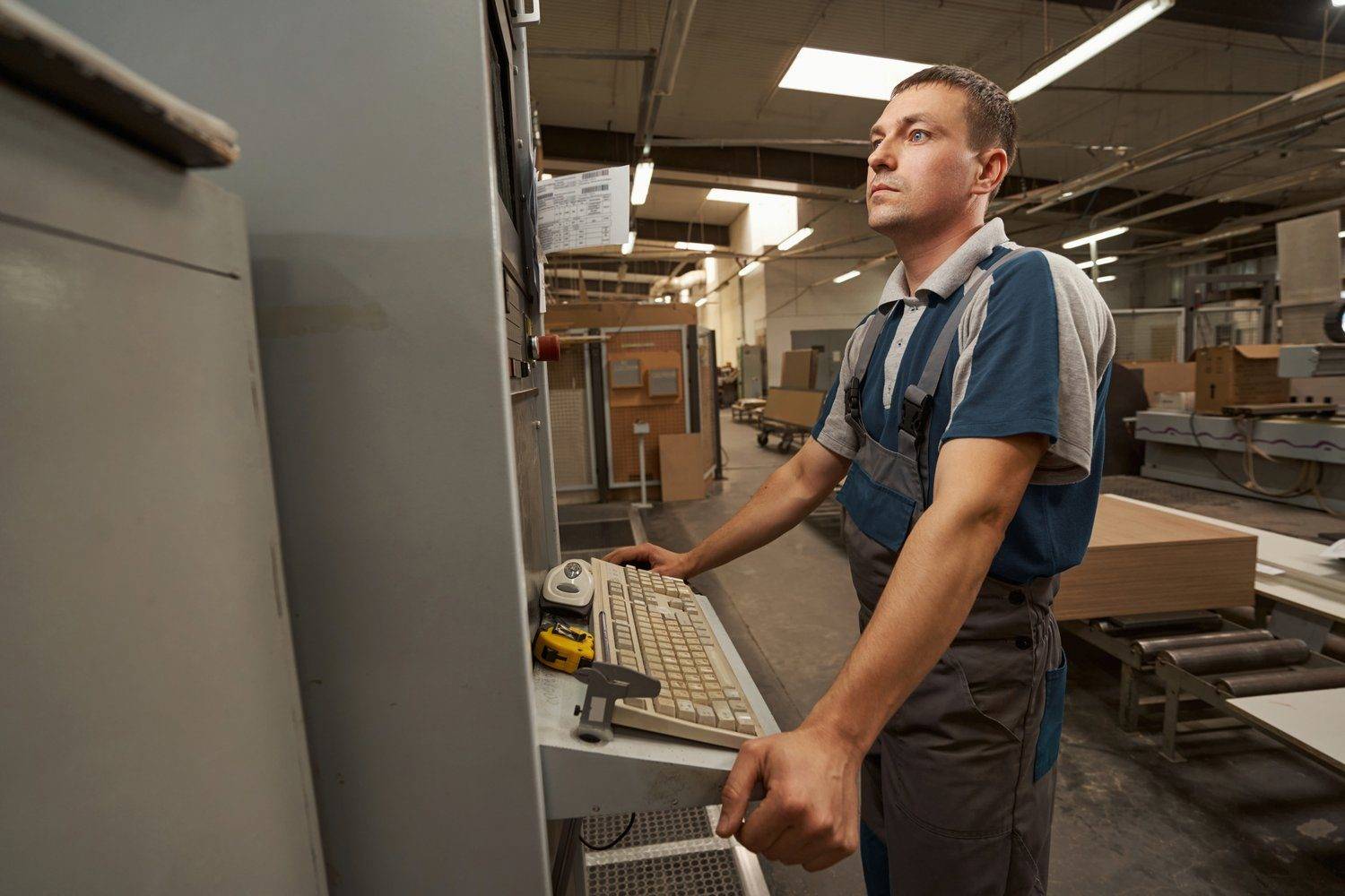 Operator przy frezarce CNC w hali produkcyjnej